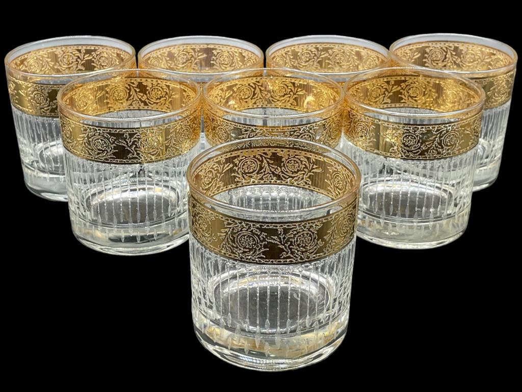 VTG CULVER TYROL 22K GOLD ROCKS GLASSES (8): Vintage Culver Tyrol 22k Gold Old Fashioned Rocks Cocktail Glasses- Set of 8-GOOD PREOWNED CONDITION -SIZE: 3.25" T-JR EST SLE