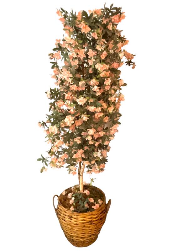 LARGE FAUX FLOWERING TREE 76": LARGE FAUX FLOWERING TREE IN WOVEN WICKER PLANTER-76" X 20" APPROX-GOOD PRE OWNED CONDITION-DP72723