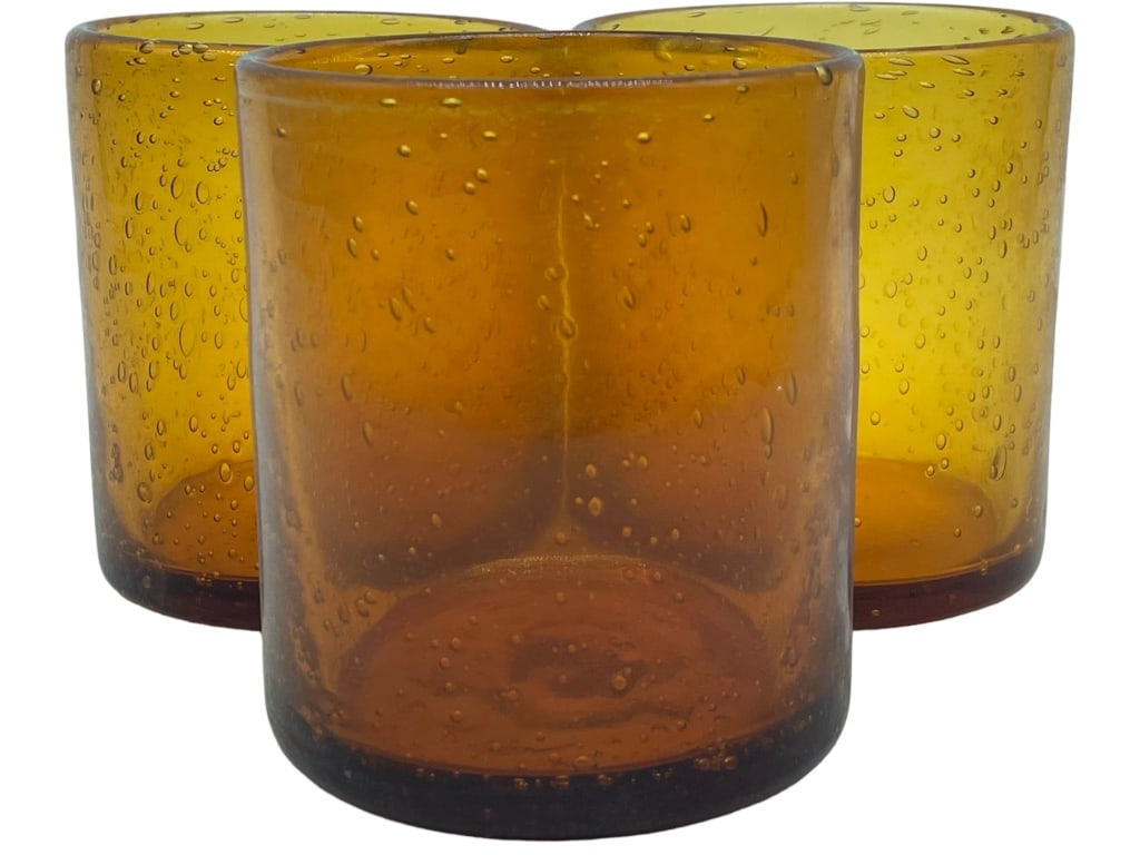 BLOWN GLASS JUICE GLASSES (3): -HAND CRAFTED ITALIAN STYLE AMBER JUICE GLASSES -SET OF 3 GLASSES -GOOD CONDITION