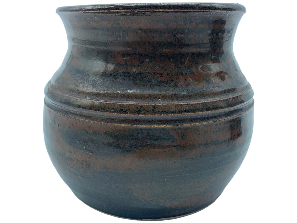 SIGNED MERIA ART GLAZED POTTERY VASE 4.5"D: -SIGNED MERIA ART GLAZED POTTERY VASE WITH RUSTIC COPPER & BROWN FINISH-SIZE: 4.5"D X 4"H -GOOD CONDITION -JR BTQ 06/27
