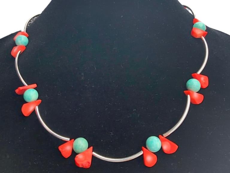 NEW ARTISAN ORANGE CORAL AND AMAZONITE NECKLACE (1 of 3)