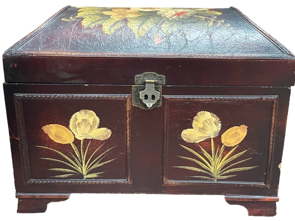 -ORNATE WOODEN CHEST: -ORNATE WOODEN CHEST -HAND PAINTED FLORAL DECORATION AND BRONZE FITTINGS-GOOD VINTAGE CONDITION -JR SR 08/02