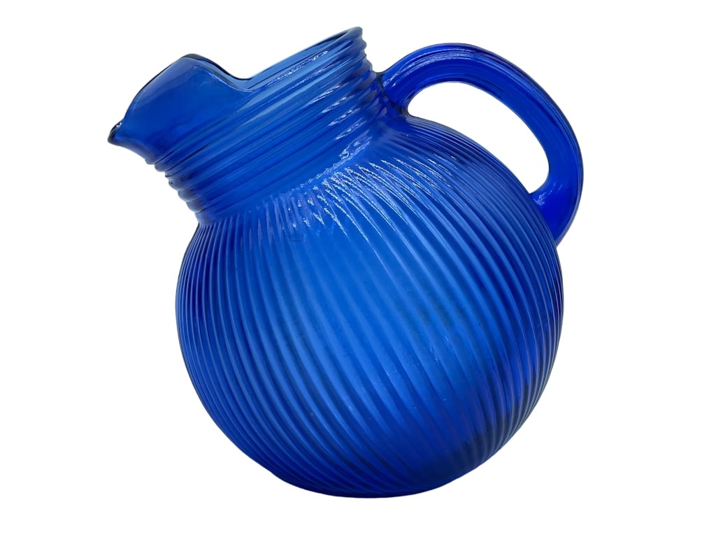 HAZEL ATLAS COBALT BLUE RIB BALL LIP PITCHER 6" (1 of 4)