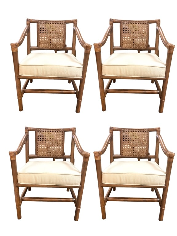 MID-CENTURY BAMBOO & RATTAN CHAIR SET: MID-CENTURY BAMBOO & RATTAN CHAIR SET-VERY GOOD OVERALL CONDITION WEAR CONSISTENT WITH AGE AND USE, SEE ALL PHOTOS-APPROX SIZE: 32" X 21" X 18"-KA 8/4/23