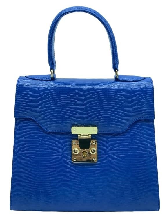 NEW LALO ROYAL BLUE ITALIAN LIZARD PRINT HANDBAG (1 of 6)