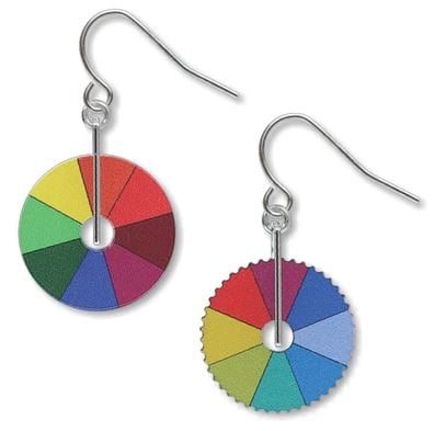 NEW IN BOX TIFFANY COLOR WHEELS EARRINGS: -TIFFANY COLOR WHEEL EARRINGS-SET OF (2) EARRINGS-Finish: Solid brass, electro-plated with non-tarnishing silver finish, acrylic strip, giclee print,ear wires are hypo-allergenic-Dimensions: Hangs app