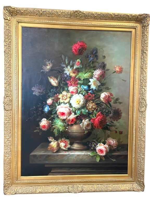 LARGE ANTIQUE STYLE STILL LIFE OIL PAINTING 58" (1 of 7)