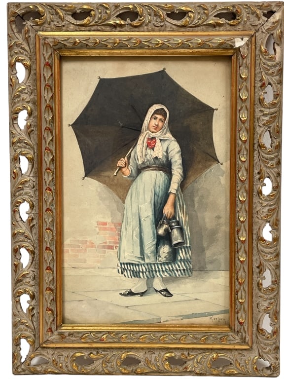 SIGNED K. DeLORM WATERCOLOR OF WOMAN 16" (1 of 5)