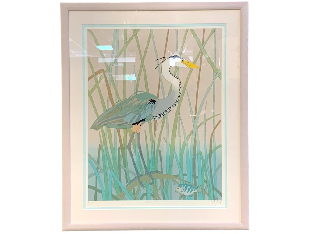 FRAMED BLUE HERON SIGNED WALL ART 40" (1 of 2)