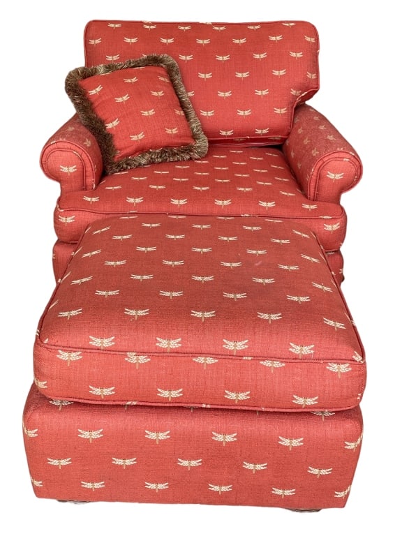 VINTAGE DRAGONFLY LOUNGE CHAIR AND OTTOMAN: VINTAGE DRAGONFLY UPHOLSTERED LOUNGE CHAIR AND OTTOMAN-28" X 34" X 36" APPROX-14" X 22" X 22" APPROX-VERY GOOD PRE OWNED CONDITION, MINOR WEAR-DP83123