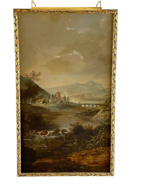ELEONORE GUINTHER STYLE OIL PAINTING 55": ELEONORE GUINTHER STYLE OIL PAINTING IN GILTWOOD FRAME DEPICTING A CASTLE IN THE MOUNTAINS WITH BRIDGE WITH A DARK SKY BEFORE A STORM-55" X 33" APPROX -GOOD PRE OWNED CONDITION-DP8323* AS IS WHERE IS 