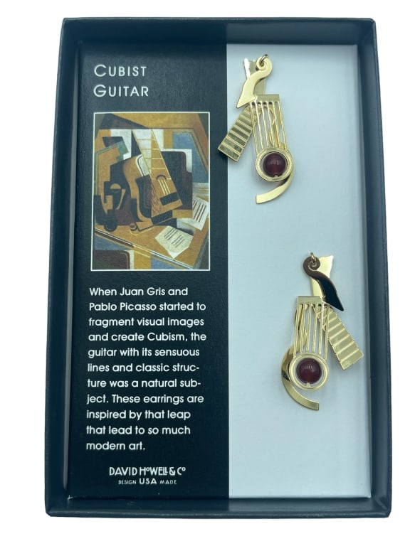 NEW CUBIST GUITAR SILVER EARRINGS: NEW CUBIST GUITAR SILVER EARRINGS -NEW IN BOX Bidders may pick up their items from the auction-house or have their items shipped. Appointments are required for local pickups. Same-day appointments are
