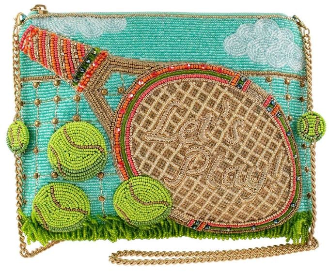 NEW MARY FRANCES TENNIS TIME HANDBAG CROSSBODY: NEW MARY FRANCES TENNIS TIME HANDBAG CROSSBODY9 x 1 x 7.25"Strap Length End to End: 49"Strap Drop: 23.5"Removable crossbody chain strap, zipper closure, inside pocket, back pocket, fits a cell phoneTh