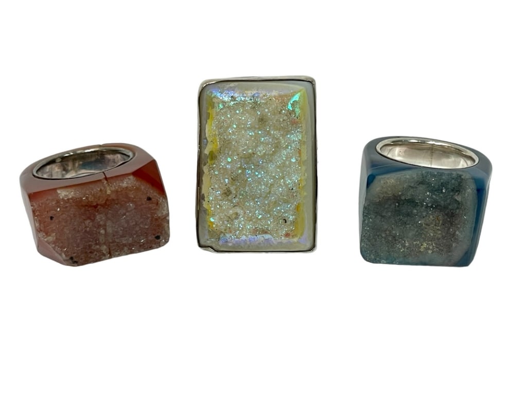 3 AGATE DRUZY / STERLING STATEMENT RINGS SZ 8.5 (1 of 5)