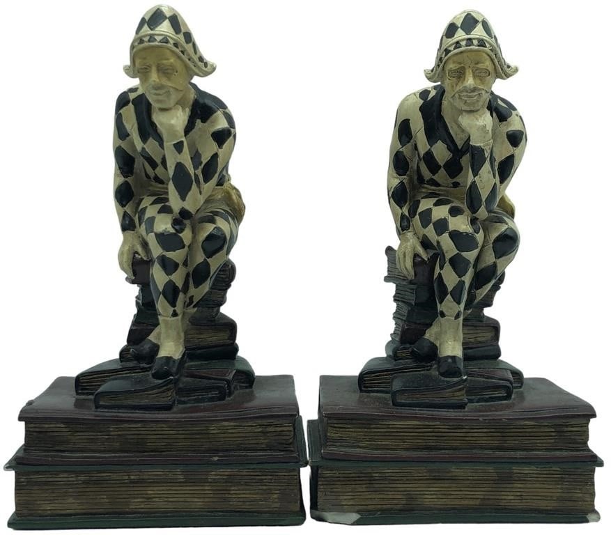 PAIR OF VINTAGE HARLEQUIN BOOKENDS 8": PAIR OF VINTAGE HARLEQUIN BOOKENDS-8" HEIGHT-PRE OWNED CONDITION , SMALL CHIP TO CORNER