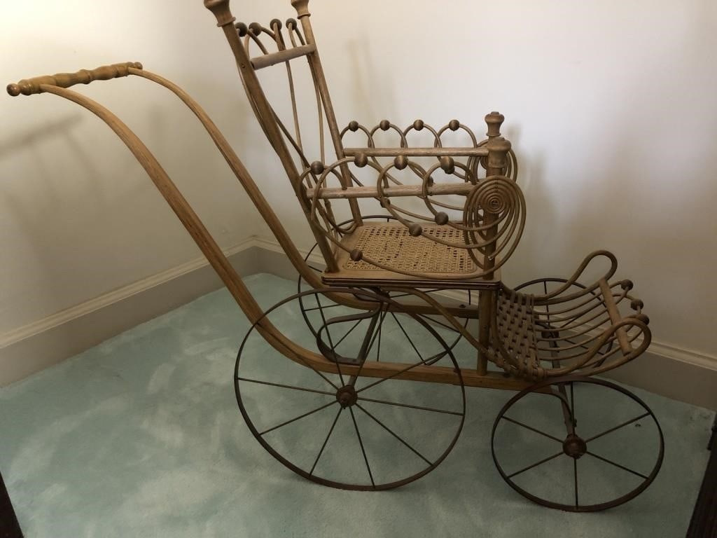 ANTIQ VICTORIN WICKER DOLL BUGGY [C.1890] 32" (1 of 4)