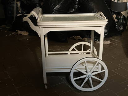 VTG WOODEN BAR CART WITH GLASS TRAY TOP: -Vintage Wooden Bar Cart With Removable Mercury Glass Tray Top-SIZE: 30"W × 16.5"D × 28.75"H-PREOWNED CONDITION SOME SIGNS OF WEAR CONSISTENT WITH AGE AND USE -JR GLRY 08/11