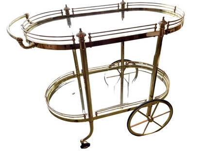 VTG REGENCY STYLE BRASS BAR CART W GLASS SHELVES: VINTAGE ETHAN ALLEN REGENCY STYLE BRASS BAR CART W GLASS SHELVES-31" H X 36.5" L X 19.5" W APPROX-GOOD PRE OWNED CONDITION, MINOR WEAR-DP72123