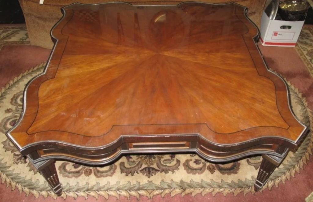 LARGE INLAID MAHOGANY & GLASS COFFEE TABLE (1 of 6)