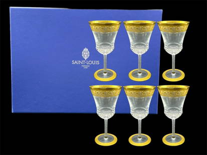 NEW 6 ST. LOUIS THISTLE GOLD GOBLET GLASSES W BOX: SET OF 6 ST. LOUIS THISTLE GOLD CRYSTAL WATER GOBLET GLASSES W BOX ( AMERICAN WATER GLASS #1)- 1 OF 2 SETS!-4" DIAMETER 7.5" HEIGHT APPROX-9.5 OZ-NEW WITH BOX-DP82923 Please be advised that by placing