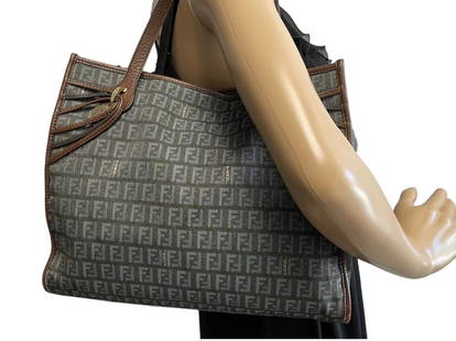 FENDI SHOULDER TOTE SHOULDER BAG: FENDI SHOULDER TOTE SHOULDER BAG- NAVY BLUE/BROWN CANVAS -ZUCCA DENIM CANVAS- DARK BROWN LEATHER WITH GOLD HARDWARE INCLUDES DUSTBAG ACCESSORY- 12*10.5*4 INCHES- 2384-8BH153-TEM-069- CATEGORY B- CONDI