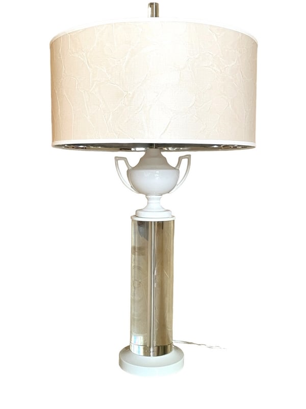 NEO TRADITIONAL WHITE WITH LUCITE URN LAMP 32": NEO TRADITIONAL WHITE WITH LUCITE URN LAMP-32" X 5" DIAMETER WITH 18" SHADER APPROX-GOOD PRE OWNED CONDITION, MINOR WEAR-DP8323 Please be advised that by placing a bid, you are entering into a legally
