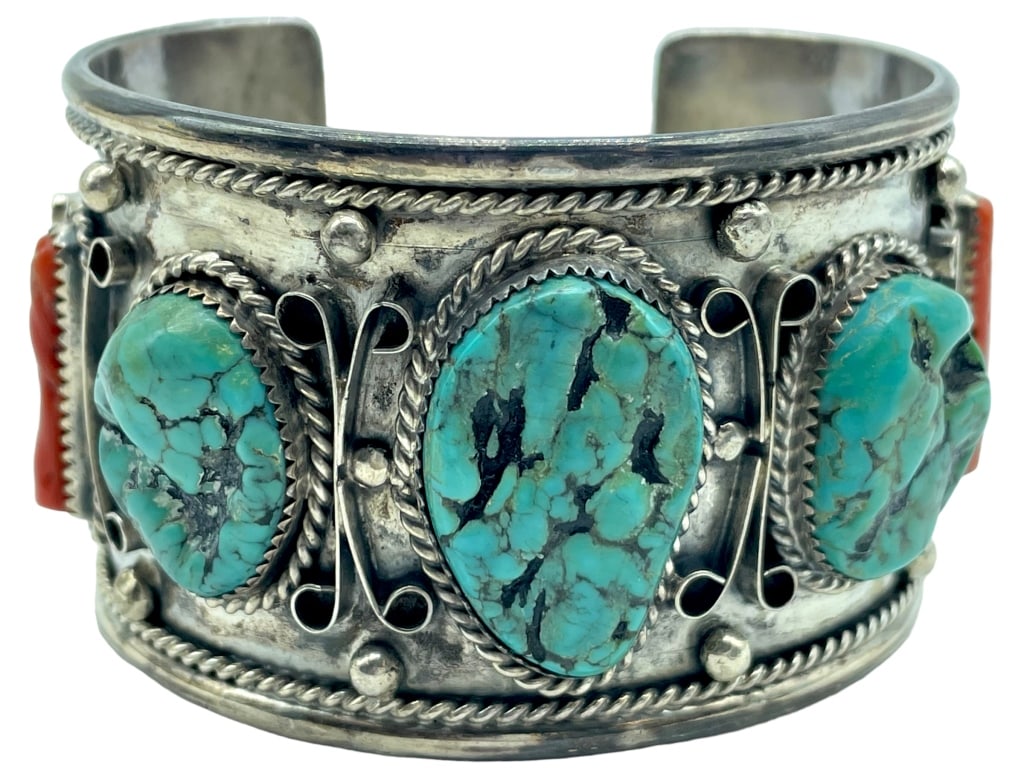 VTG NAVAJO STERLING, TURQUOISE AND CORAL BRACELET (1 of 6)