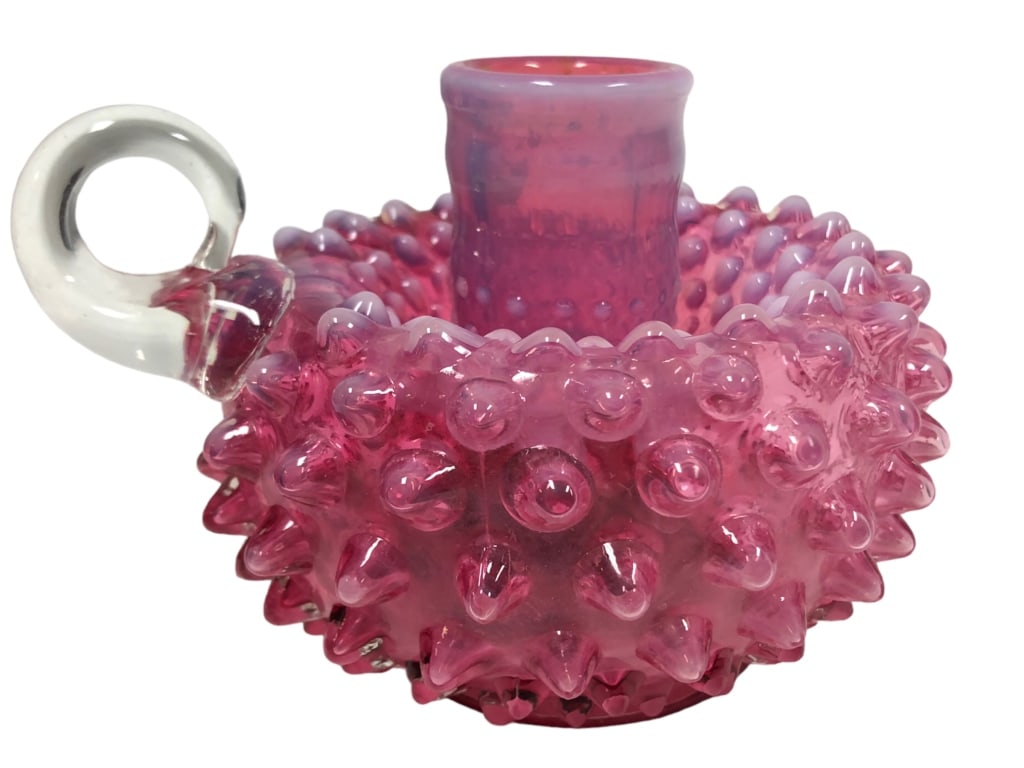 VINTAGE FENTON CRANBERRY CANDLE HOLDER: VINTAGE FENTON CRANBERRY OPALESCENT HOBNAIL FINGER LOOP CHAMBER CANDLE HOLDER-VERY GOOD PRE-OWNED CONDITION-267G Please be advised that by placing a bid, you are entering into a legally binding contra