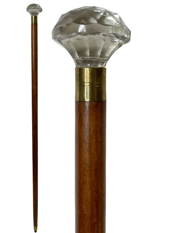 CRYSTAL GLASS TOPPED WOOD WALKING STICK CANE 36" (1 of 2)