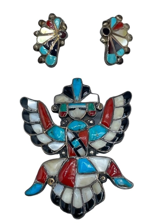 VTG STERLING SILVER KACHINA BROOCH AND EARRINGS (1 of 5)