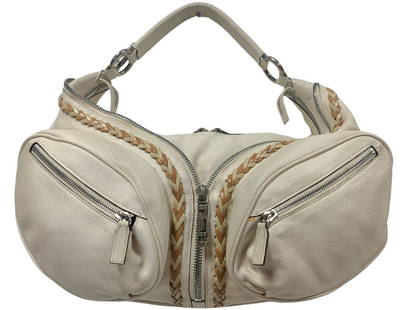 VERSACE HOBO VITELLO LEATHER SHOULDER BAG: Versace Hobo-White ,Calf Leather,Calfskin Vitello Leather,White Leather strap,Silver-40x32x8cm-w/ Box-Condition B-Box DV13-EAG4992,B,Shoulder Bag,EAG4992 Please be advised that by placing a bid, you a