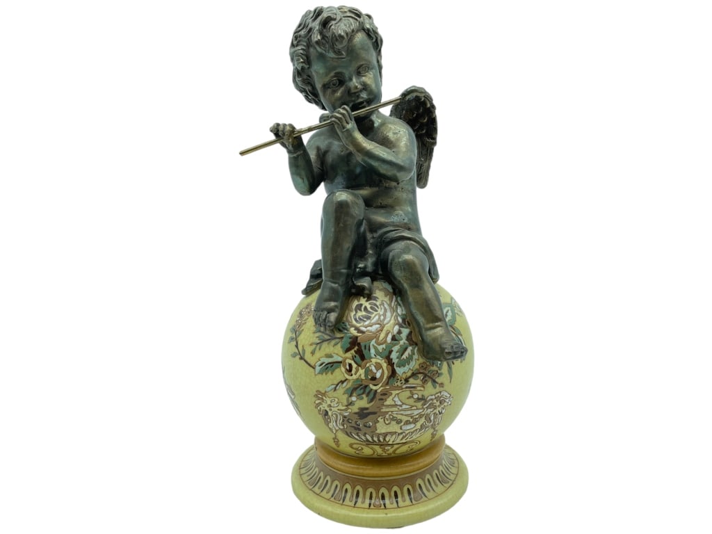 VTG BRONZE & PORCELAIN PUTTI ON BALL SCULPTURE 10" (1 of 4)