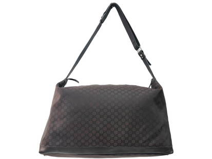GUCCI MONOGRAMMED LARGE WEEKENDER SHOULDER BAG: GUCCI LARGE WEEKENDER SHOULDER BAG -DARK BROWN CANVAS MONOGRAMMED NYLON CANVAS- DARK BROWN LEATHER WITH SILVER HARDWARE -24*15*12 INCHES- 105669 200047- CATEGORY B -CONDITION RATING AA -DV15 -AAV9628