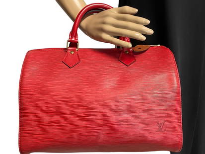 LOUIS VUITTON SPEEDY HANDBAG SIZE 30: LOUIS VUITTON SPEEDY HANDBAG SIZE 30- RED CALF LEATHER -EPI RED LEATHER WITH GOLDEN BRASS HARDWARE -32*22*18CM- VI0964 (JUN 1994) -REFERENCE NUMBER 275A -CATEGORY B -CONDITION RATING AA -DV9 -AAW0761