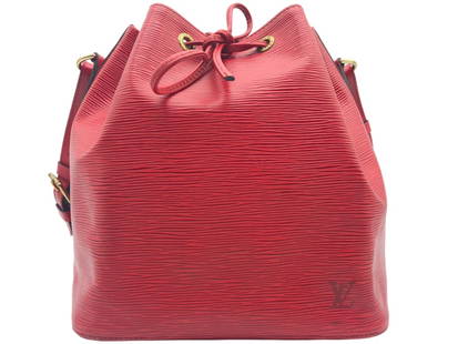 LOUIS VUITTON NOE SHOULDER BAG SIZE PM: LOUIS VUITTON NOE SHOULDER BAG- SIZE PM- RED CALF LEATHER -EPI RED LEATHER WITH GOLDEN BRASS HARDWARE- 9.5*10*7 INCHES -AR0954 (MAY 1994) -REFERENCE NUMBER 185 -CATEGORY B- CONDITION RATING A -DV15- A