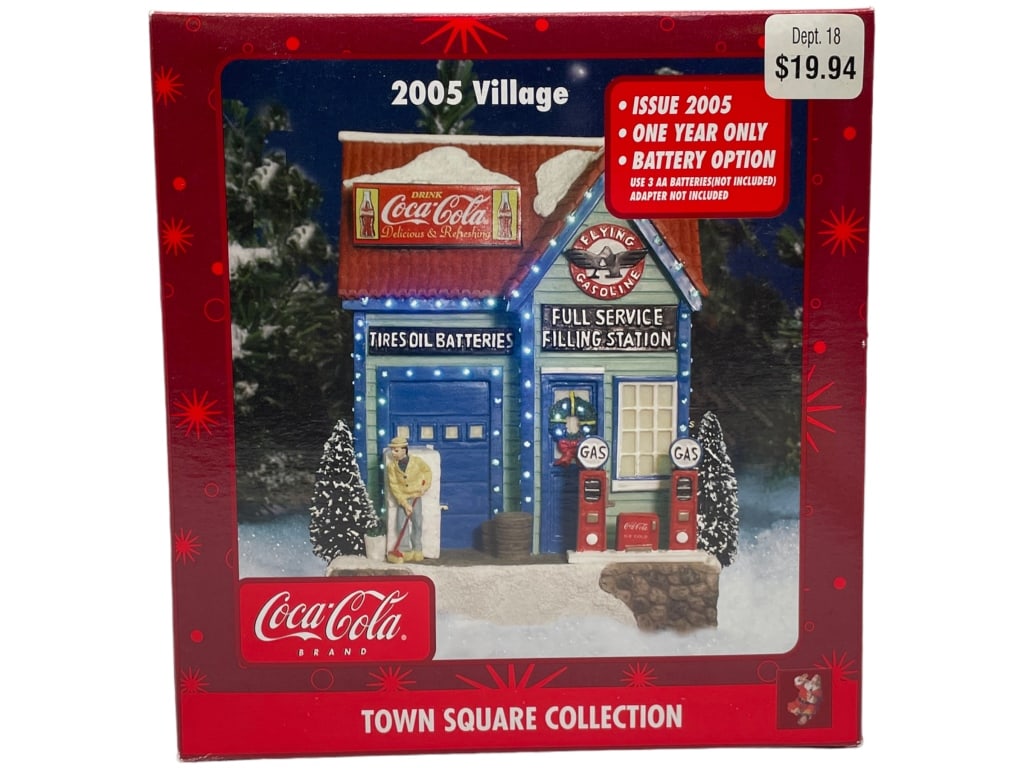 NEW! COCA-COLA TOWN SQUARE FILLING FILLING STATION: -NEW! COCA-COLA TOWN SQUARE 2005 VILLAGE FULL SERVICE FILLING FILLING STATION TIRES, OILS, BATTERIES DECORATIVE VILLAGE PIECE-NEW IN BOX-B1
