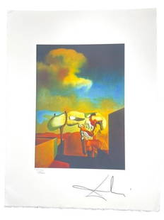 SALVADOR DALI HAND SIGNED NUMBERED LITHO PRINT 26": SALVADOR DALI HAND SIGNED AND NUMBERED LITHOGRAPH PRINT-26" X 20" APPROX-ON ESTATE EMBOSSED PAPER WITH INFINITY WATERMARK-SIGNED AND NUMBERED IN PENCIL-GOOD PRE OWNED CONDITION Please be advised that