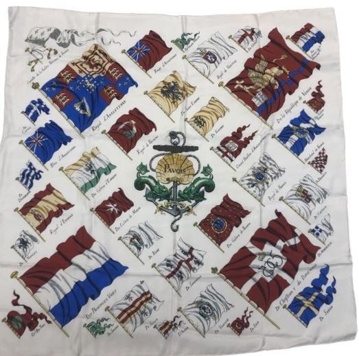 HERMES CREAM PAVOIS FLAG SILK SCARF: HERMES CREAM PAVOIS FLAG SILK SCARF W89 ? H89 (35.04"/35.04") Please be advised that by placing a bid, you are entering into a legally binding contract with DejaVu Estate Sales & Auctions, LLC (De