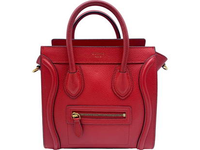 CELINE NANO RED CALF LEATHER LUGGAGE BAG: CELINE NANO LUGGAGE BAG RED CALF LEATHER GRAINED LEATHER 8 x 8 x 4 INCHES W-1A-316 W-CT-107CONDITION RATING A AAU1874 ALL BAGS HAVE BEEN AUTHENTICATEDBOX 35 Please be advised that by placing a bid, yo