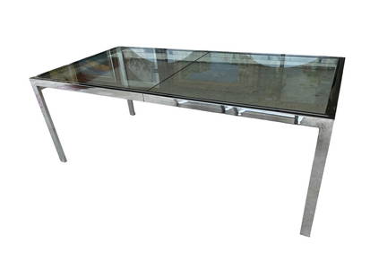 MILO BAUGHMAN GLASS & CHROME DINING TABLE 76": MILO BAUGHMAN GLASS & CHROME EXTENSION DINING TABLE -28" X 76" X 38" APPROX WITH 2 LEAVES 38" X 20" EACH APPROX-ITALIAN DESIGN-WITH 2 GLASS LEAVES-VERY GOOD PRE OWNED CONDITION, MINOR WEAR TO CHROME-D