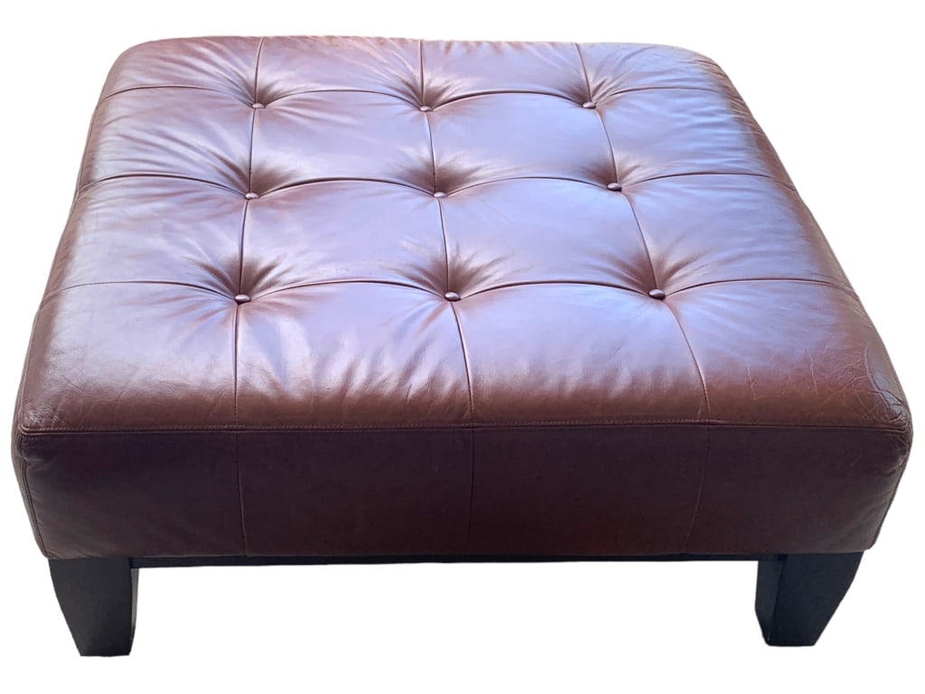 MID MOD LARGE BROWN QUILTED LEATHER OTTOMAN 17" (1 of 3)