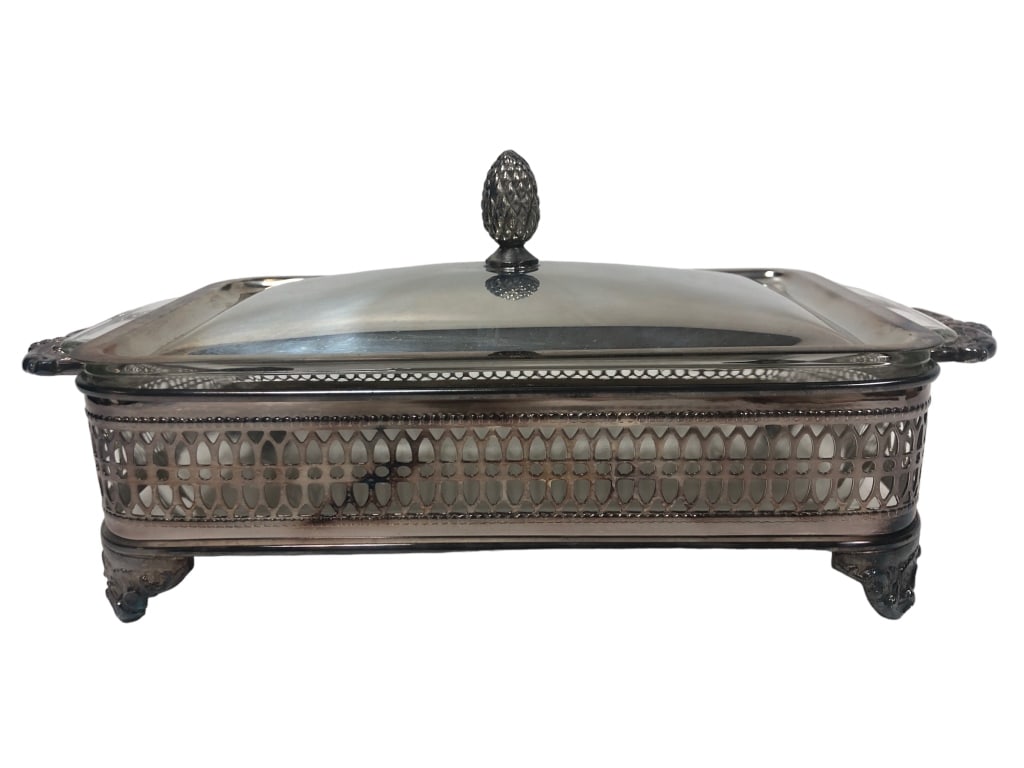 VINTAGE SHEFFIELD CASSEROLE DISH: ANTIQUE SHEFFIELD CASSEROLE DISH -SILVER AND GLASS-VINTAGEBOX 9