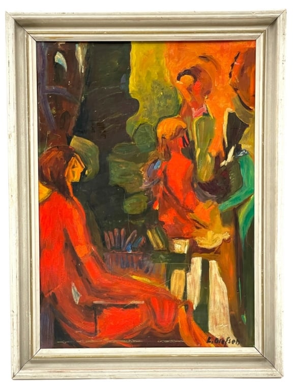 L. OLUFSON ABSTRACT EXPRESSIONIST PAINTING 23": L. OLUFSON ABSTRACT EXPRESSIONIST PAINTING-23" X 17" APPROX-GOOD PRE OWNED CONDITION, MINOR WEAR-DP92923-