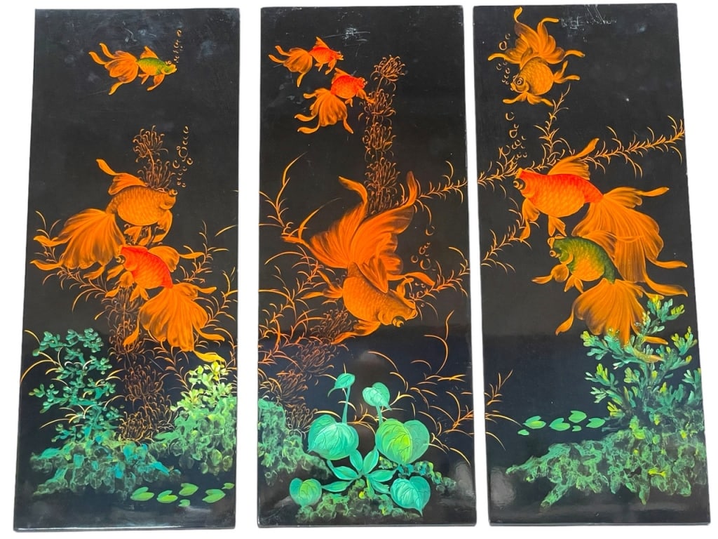 VINTAGE VIETNAMESE GOLDEN KOI WOOD PAINTINGS 60": SET OF 3 VINTAGE VIETNAMESE GOLDEN KOI WOOD PAINTINGS ON BURNT MAROON BACKGROUND-20" X 8" APPROX X 3 = 60" approx-GOOD PRE OWNED CONDITION, MINOR SURFACE WEAR-DP92923