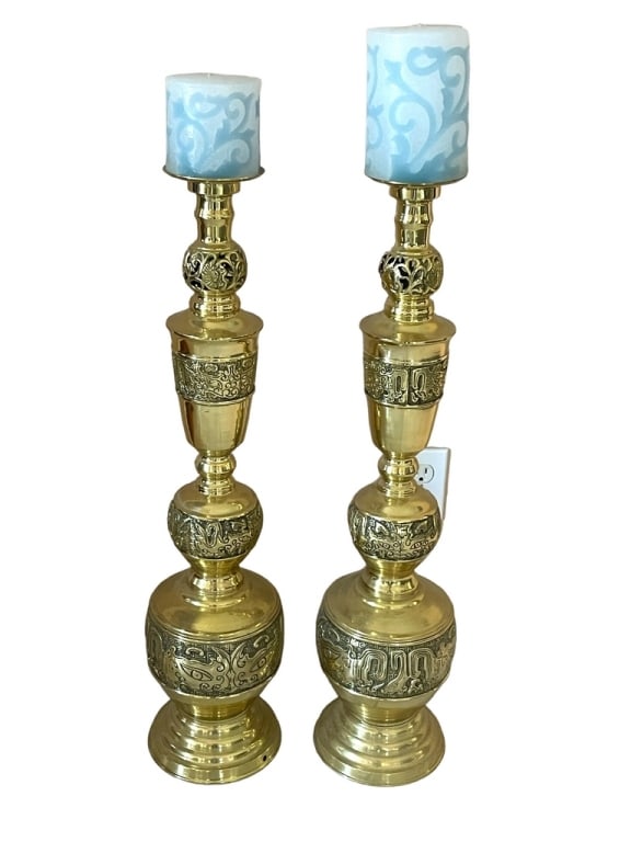 PAIR OF TALL BRASS ALTAR CANDLESTICKS 30" (1 of 7)