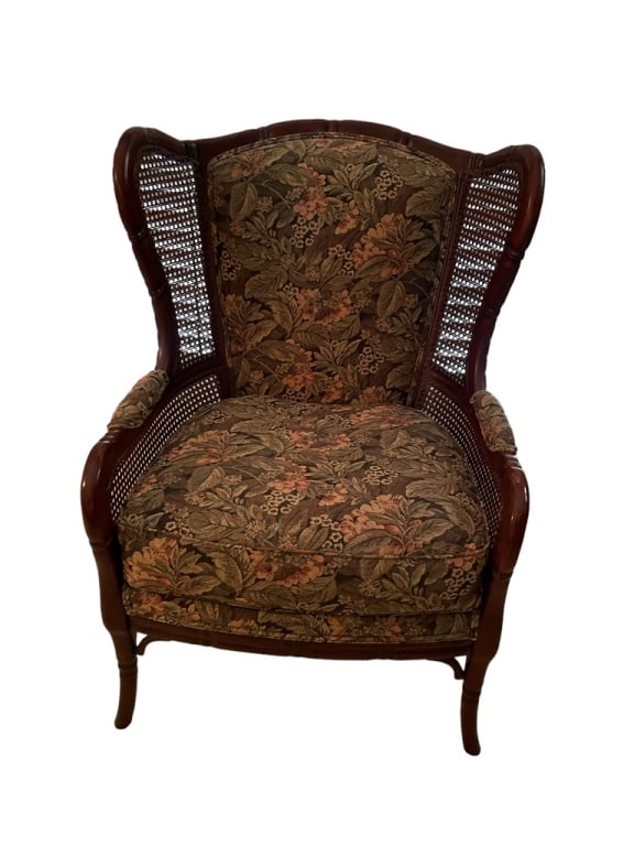 ETHAN ALLEN CARVED WOOD AND CANE WINGBACK CHAIR (1 of 3)