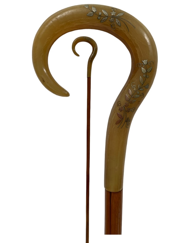 VTG BAMBOO RATTAN ANTLER CANE WALKING STICK 35" (1 of 4)