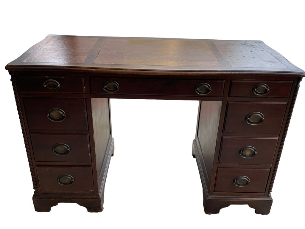 ANTIQUE EDWARDIAN STYLE WOOD DESK 42": ANTIQUE EDWARDIAN STYLE WOOD DESK-30" X 42" X 24" APPROX-PRE OWNED CONDITION, WEAR -DP41823