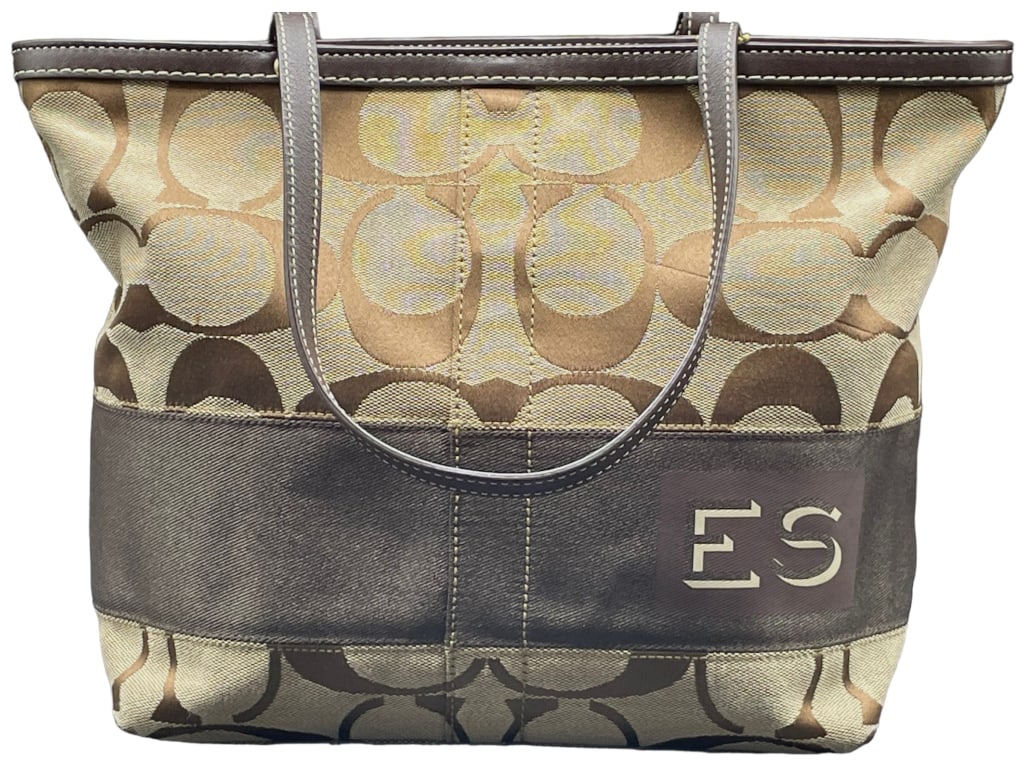 COACH SIGNITURE STRIPE BROWN SHOULDER TOTE 14" (1 of 5)