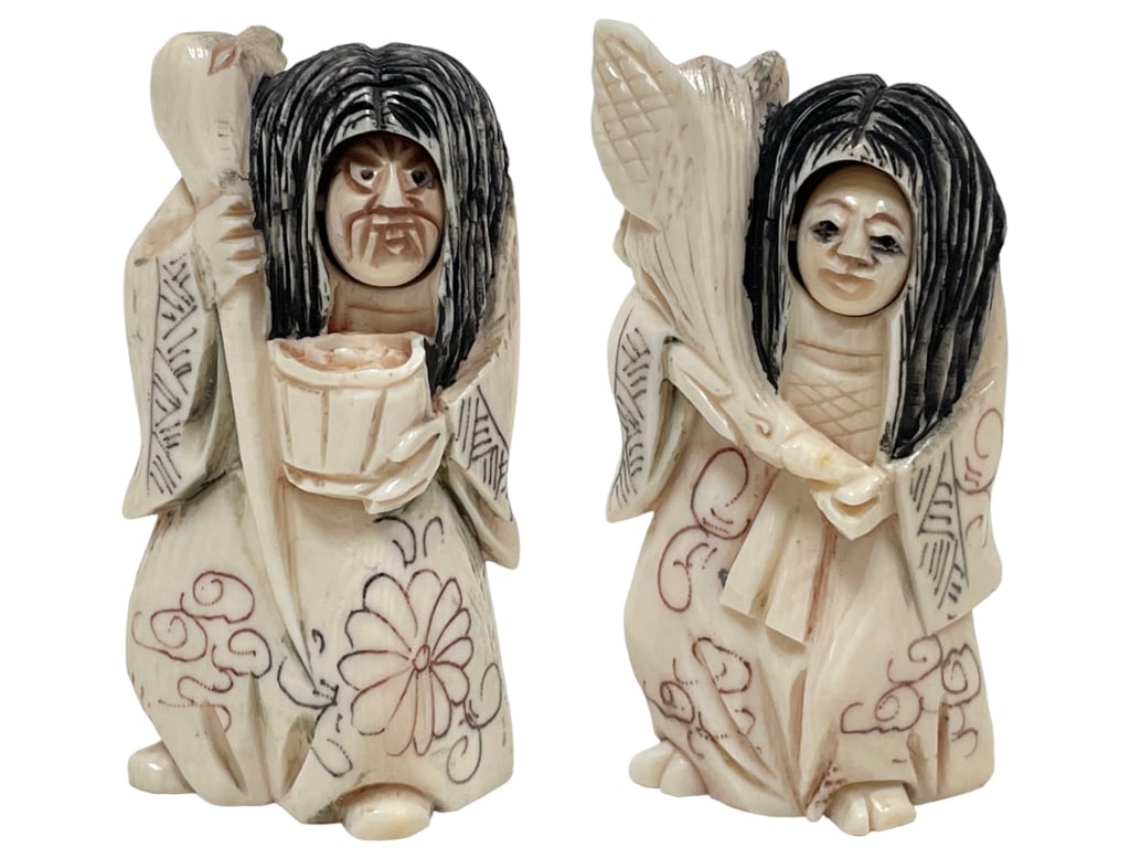 JAPANESE ROTATING FACE NETSUKE KABUKI DANCER (2): -JAPANESE ROTATING FACE NETSUKE KABUKI DANCER W/FAN-JAPANESE CARVED BONE NETSUKE SCULPTURES -SET OF (2) -VERY GOOD CONDITION -SEE ALL PHOTOS -JR SR BAC CAB 10/05 Bidders may pick up their items from t